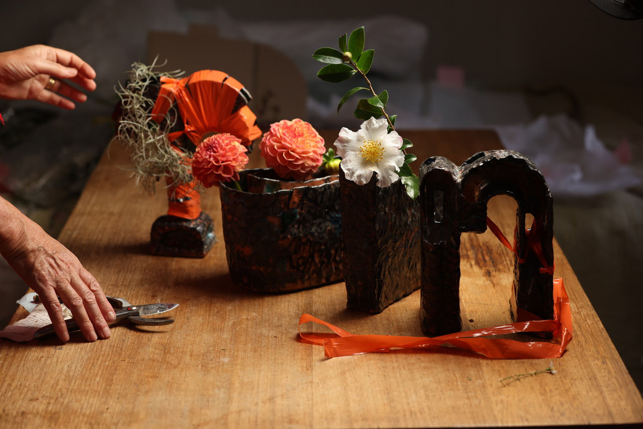 Toni Warburton, Artist. Work in progress, the vase and flower show
